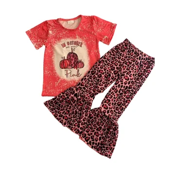 милая девушка, наряд с коротким рукавом, детский комплект из 2 предметов на Хэллоуин, рубашка с тыквой для девочки и леопардовые брюки, наряд