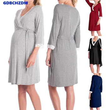 Летнее модное платье для беременных, женское кружевное однотонное платье для беременных с длинным рукавом, ночные рубашки для кормления грудью, одежда